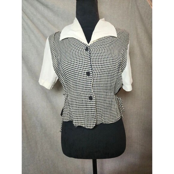 Expose Tops - Vintage 90's Sz PS Whimsigoth Academic Black White Checkered Vest Style Blouse